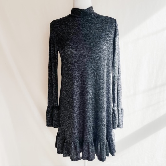 Express Women’s Gray Heathered Ruffle Long Bell Sleeve Mock Neck Dress - Picture 1 of 6